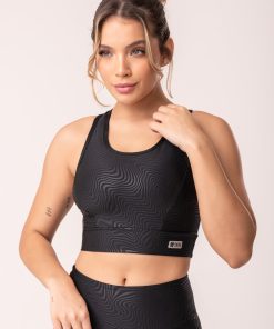 Top com bojo shine preto texturizado ondas cruzado costas