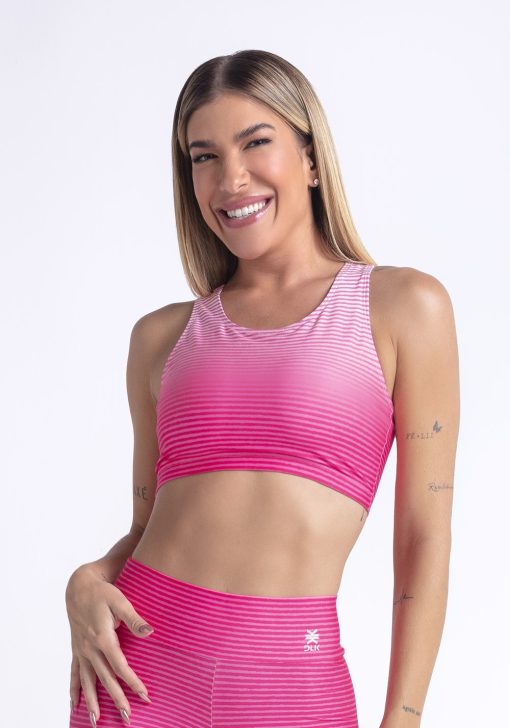 Top fitness feminino nadador new printed estampado degradê listrado rosa