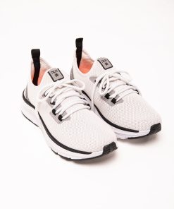 Tênis esportivo branco e cinza com dois cadarços dlk