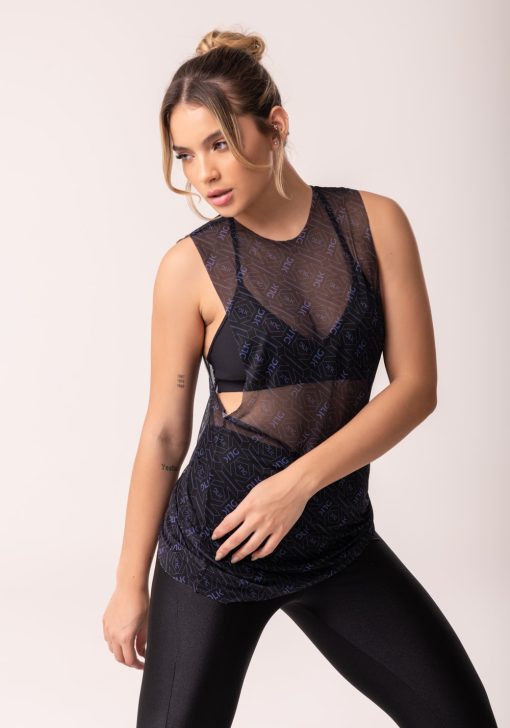 Camiseta fitness feminina maxi cava de tule preto e azul logomania flow - Image 2