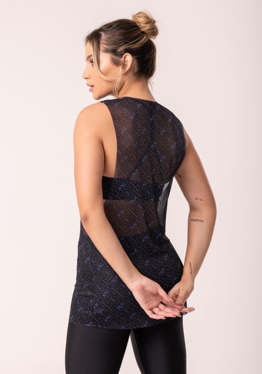 Camiseta fitness feminina maxi cava de tule preto e azul logomania flow - Image 3