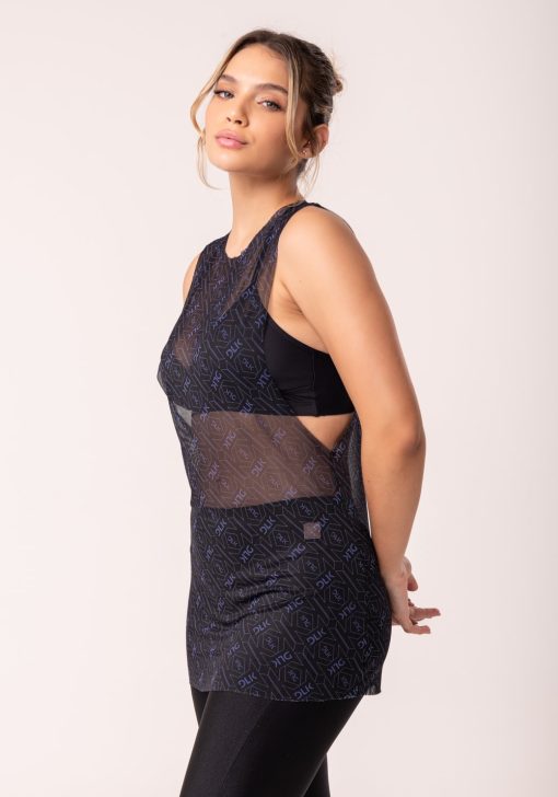 Camiseta fitness feminina maxi cava de tule preto e azul logomania flow - Image 4