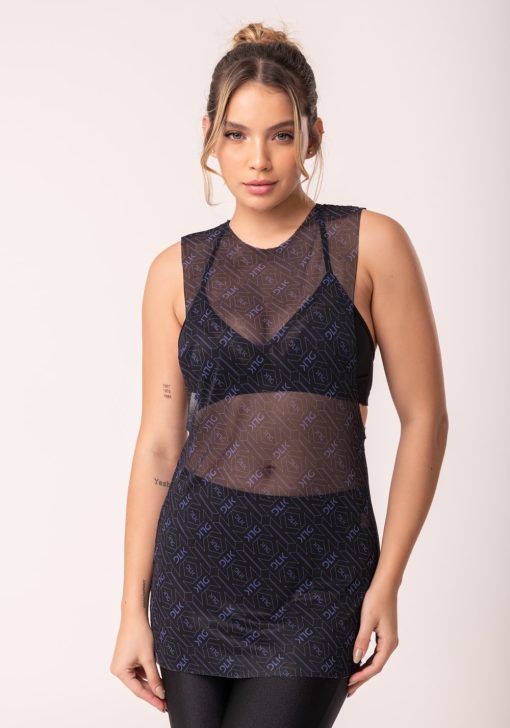 Camiseta fitness feminina maxi cava de tule preto e azul logomania flow
