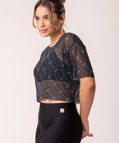 Cropped de tule feminino com manga preto e verde logomania flow