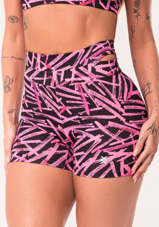 Short fitness feminino rosa com detalhe vazado estampado sticks euphoria - Image 4