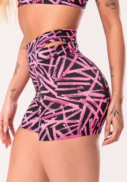 Short fitness feminino rosa com detalhe vazado estampado sticks euphoria