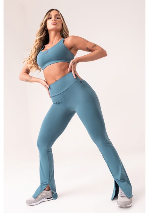 Calça flare feminina azul com fenda oasis - Image 2