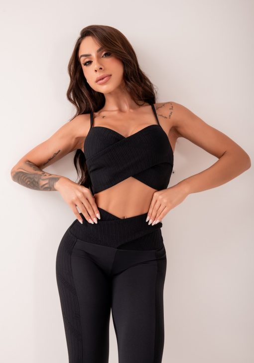 Top fitness feminino preto texturizado transpassado harmony - Image 2