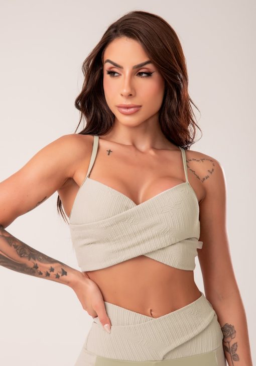 Top fitness feminino oliva texturizado transpassado harmony