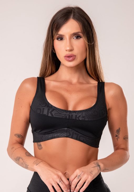 Top fitness feminino preto com recortes logomania reflections