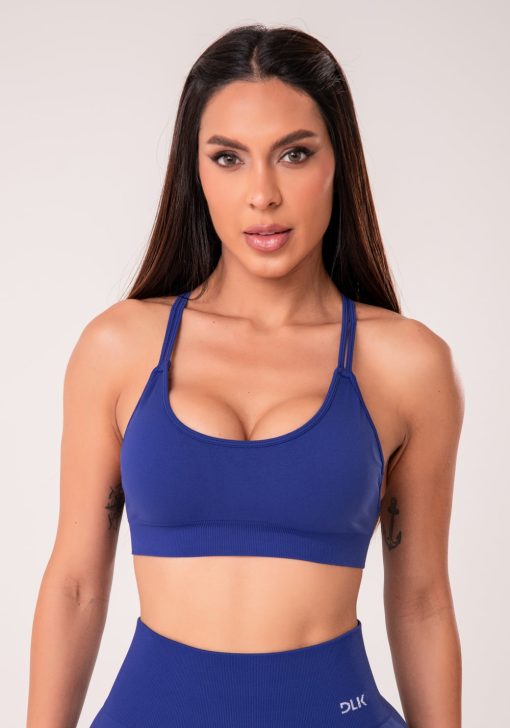 Top fitness feminino azul royal com bojo e alças cruzadas seamless+