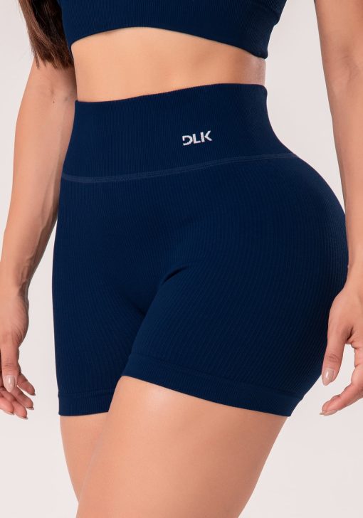 Short fitness feminino azul marinho canelado com cós alto seamless+